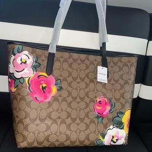 Brown and Black Leather Floral Coach Tote Bag